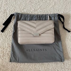AllSaints Justine Small Leather Flap Crossbody Bag, Sandstone